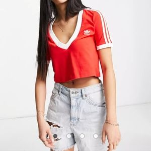 adidas Originals adicolour 3 stripe cropped top with v-neck